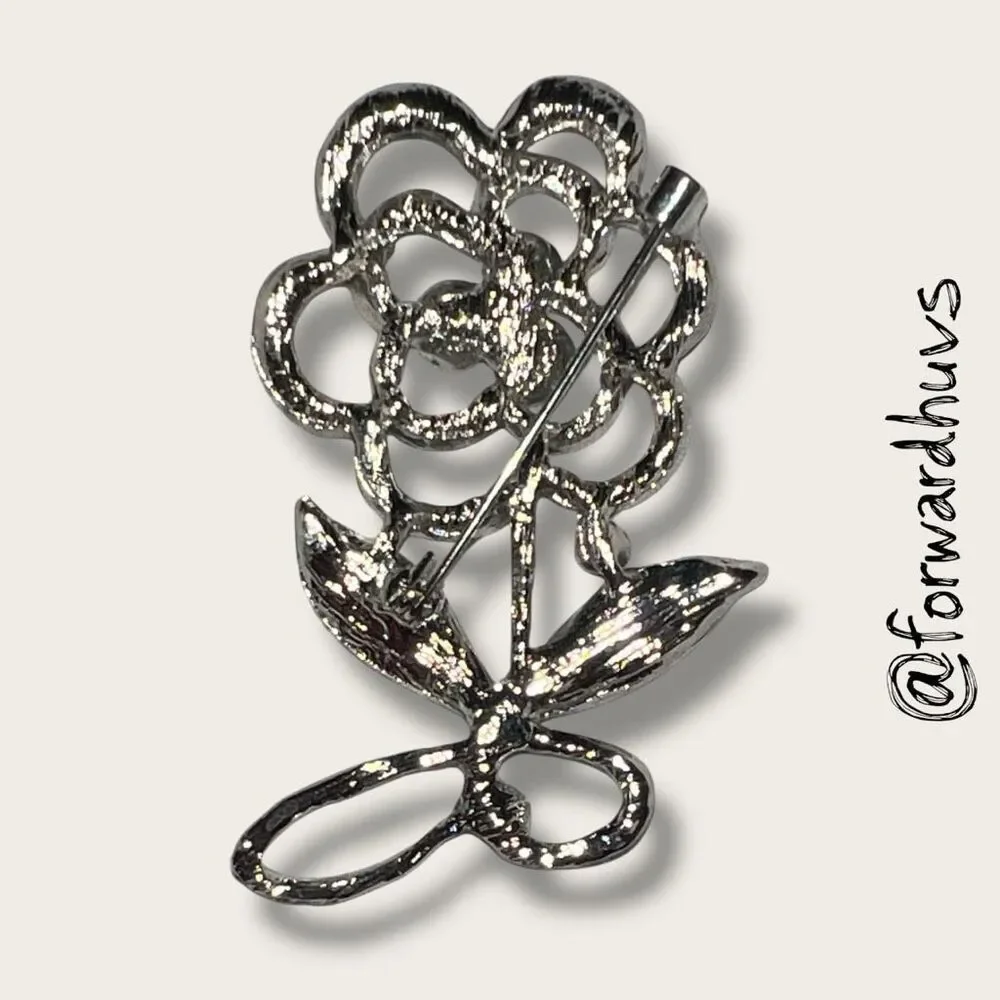 Vintage Silver Tone Rhinestone Flower Brooch